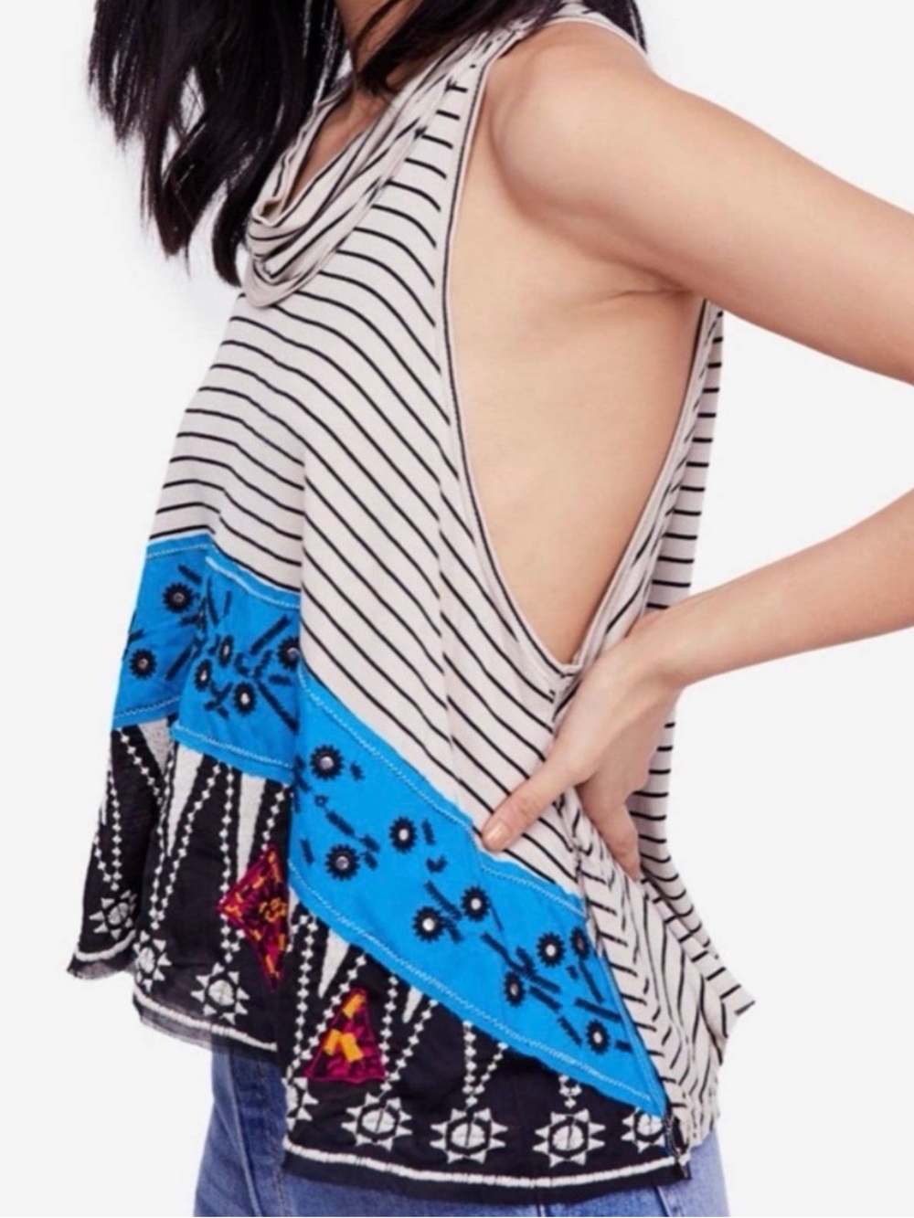 Free People Striped Swing Tank with Blue Embroidered Border